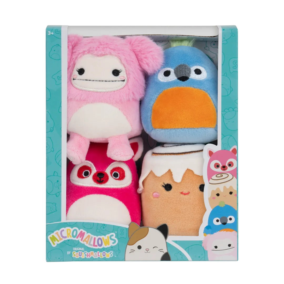 SQUISHMALLOWS Micromallows 4Pack – medvídek mýval, bigfoot, ara, skořicová rolka